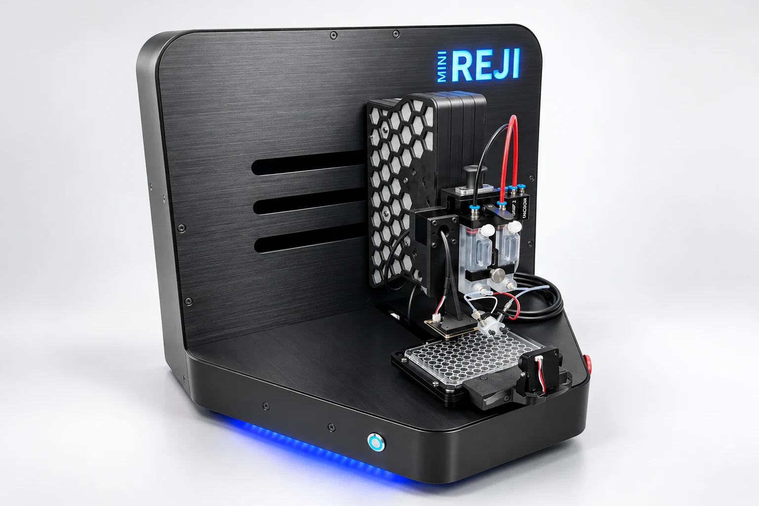 Studio visualisation of the black JetBio MINI REJI bioprinter.